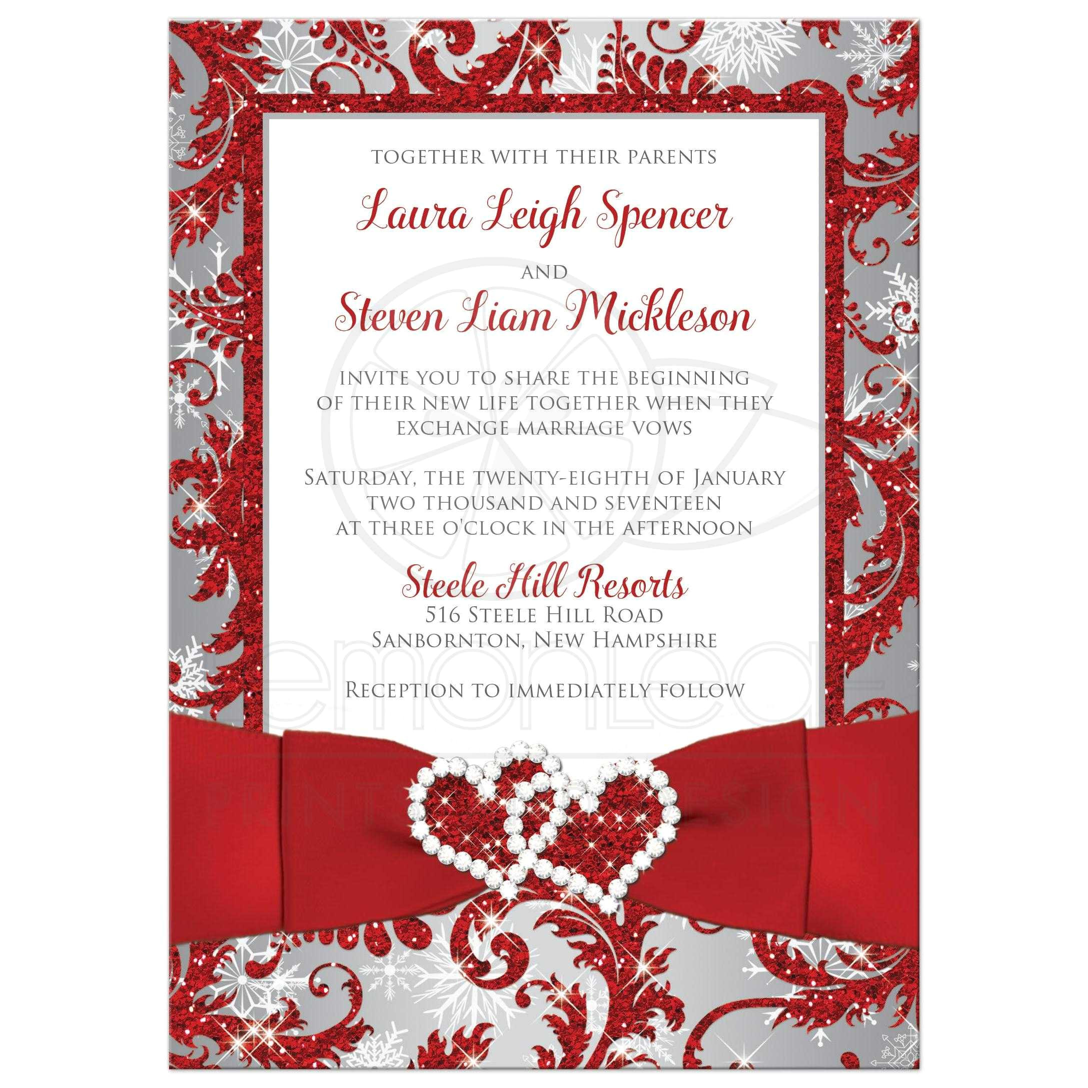 wedding invitation photo optional winter wonderland faux glitter printed ribbon red silver white snowflakes