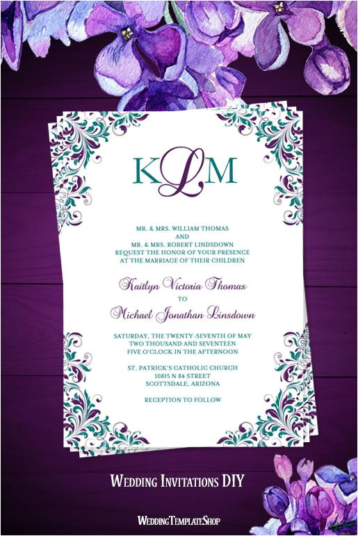 kaitlyn wedding invitation peacock purple teal