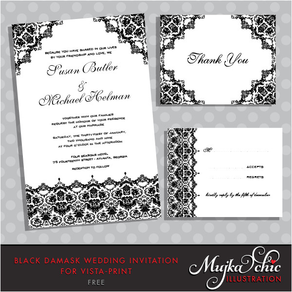 free black damask wedding invite template for vista print