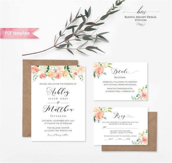 printable peach cream floral wedding invitation 2