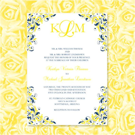 navy blue yellow wedding invitations