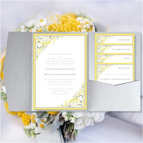pocket fold wedding invitations brooklyn yellow silver gray 5x7
