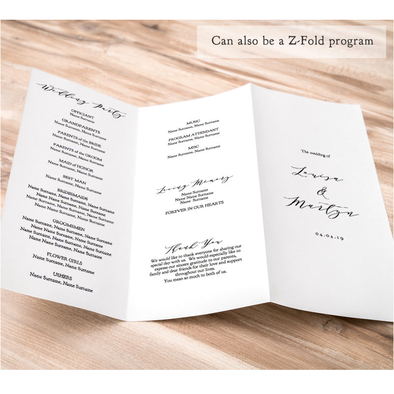trifold wedding program printable or
