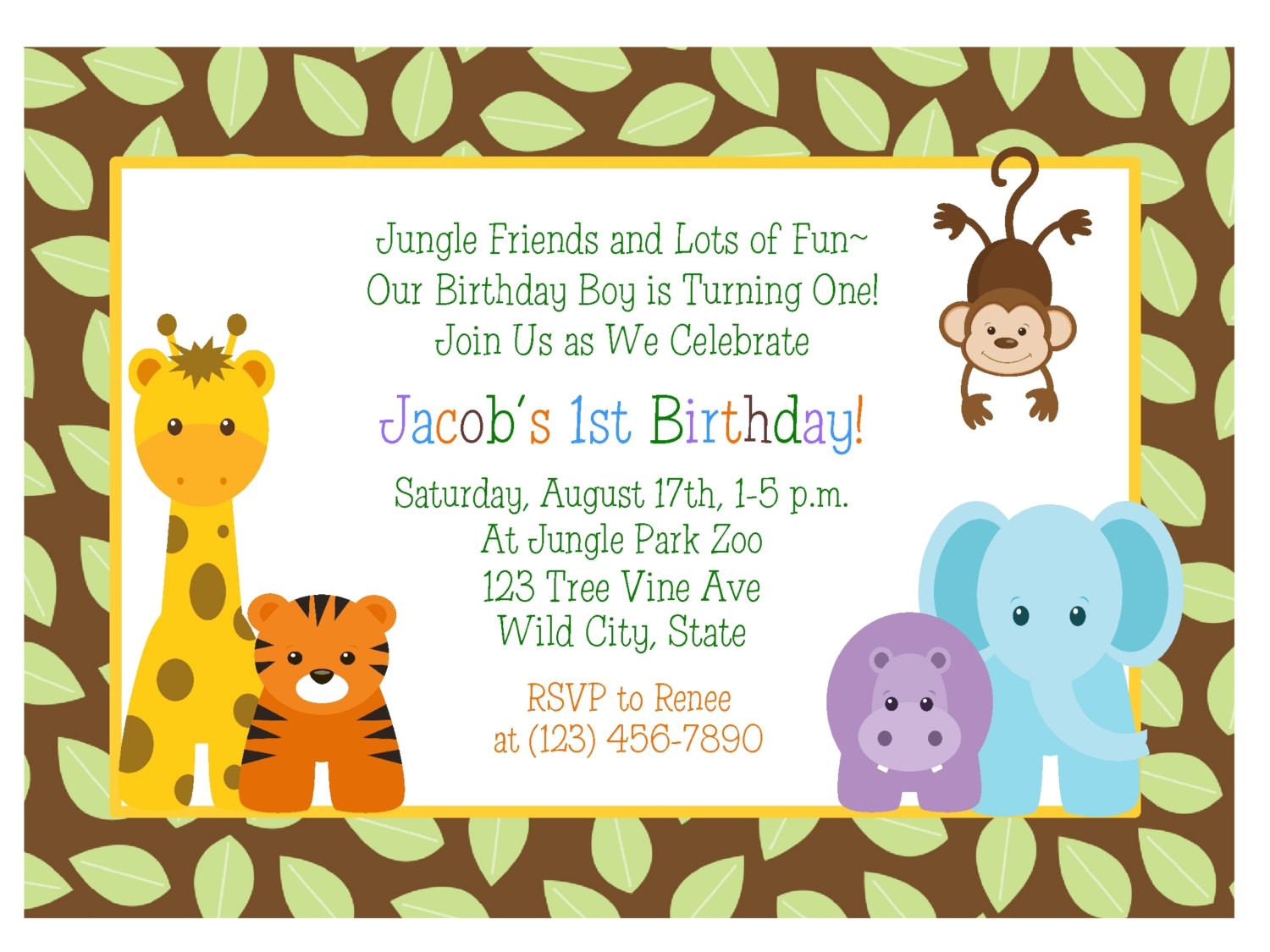 jungle animals 1st birthday invitation