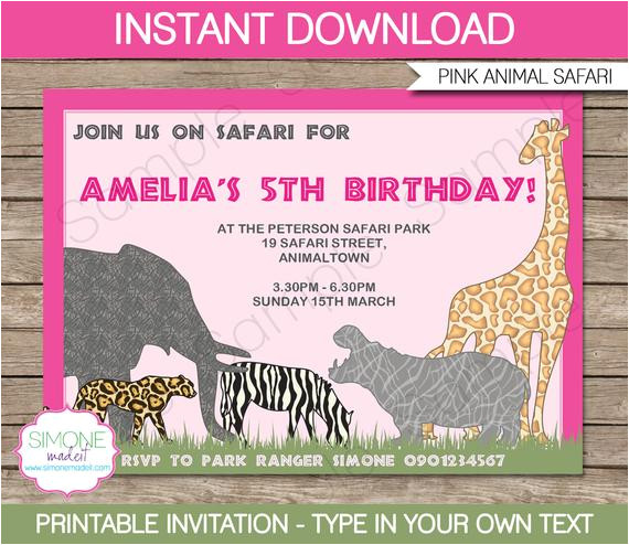 pink safari invitation instant download