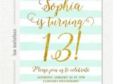 13th Birthday Invitations for Girls 13th Birthday Invitations Girl Mint Stripes Gold Glitter