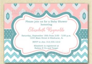 Aqua and Pink Baby Shower Invitations Light Pink and Aqua Ikat and Chevron Baby Shower