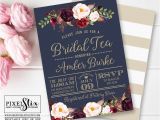 Dusty Blue and Cranberry Wedding Invitations Navy Blue Bridal Tea Invitation Vintage Rose and Peony