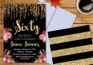 Glitter Birthday Invitation Template 60th Birthday Invitation Gold Glitter Invitation Floral