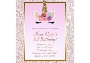 Glitter Birthday Invitation Template White Pink Glitter Gold Unicorn Birthday Party Invitation