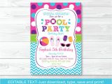Swimming Party Invitation Template Girls Pool Party Printable Birthday Invitation Editable